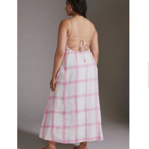 Anthropologie Maeve 1X NWT Pink Plaid Linen Tie-Back Maxi Dress Bohemian 180$ - Picture 2 of 13